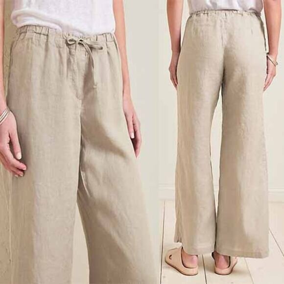 NWT Cp Shades Jenn Linen Straight Leg Elastic Waist Drawstring Pants Brown - Picture 1 of 8